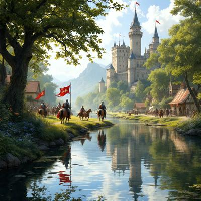 Primary subject: A group of people riding horses in a river.

Setting/background: The scene takes place in a picturesque setting with a castle in the background.

Visual style: The image is a digital art illustration.

Colors and mood: The colors are predominantly green and blue, creating a serene and peaceful atmosphere.